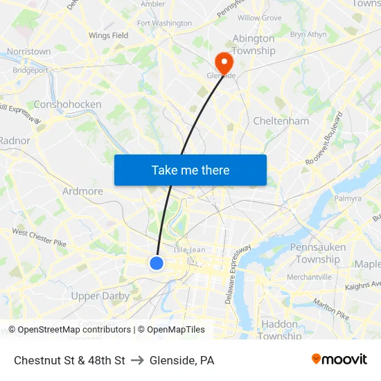 Chestnut St & 48th St to Glenside, PA map