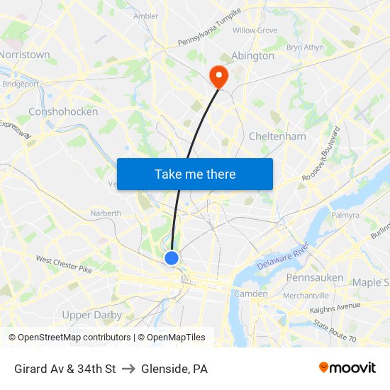 Girard Av & 34th St to Glenside, PA map