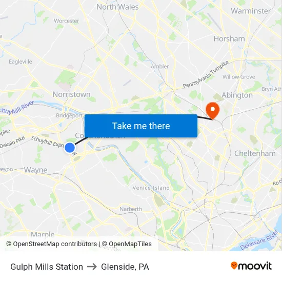 Gulph Mills Station to Glenside, PA map
