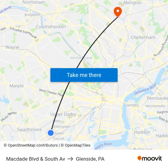 Macdade Blvd & South Av to Glenside, PA map