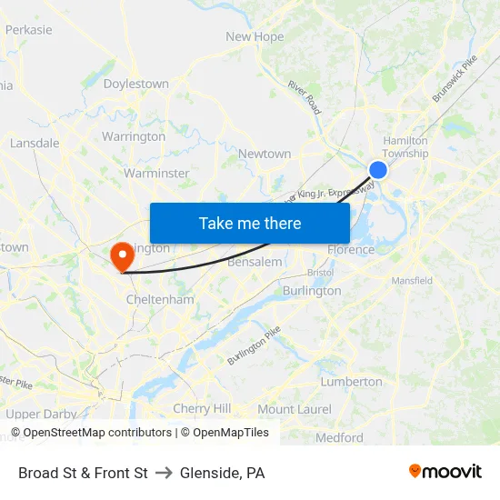Broad St & Front St to Glenside, PA map