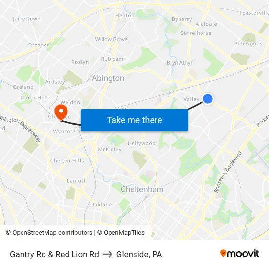 Gantry Rd & Red Lion Rd to Glenside, PA map
