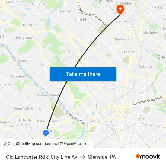 Old Lancaster Rd & City Line Av to Glenside, PA map