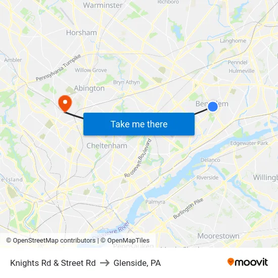 Knights Rd & Street Rd to Glenside, PA map