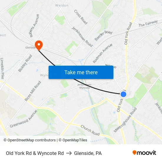 Old York Rd & Wyncote Rd to Glenside, PA map