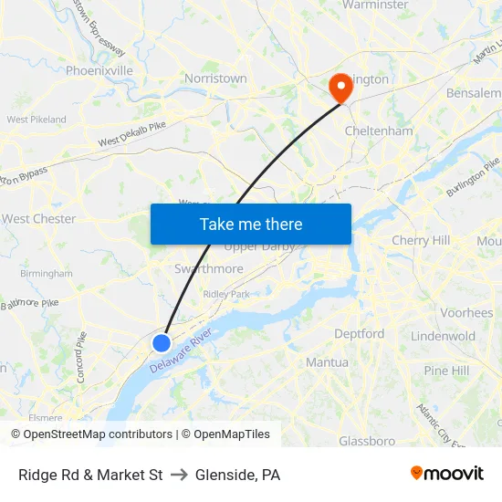 Ridge Rd & Market St to Glenside, PA map