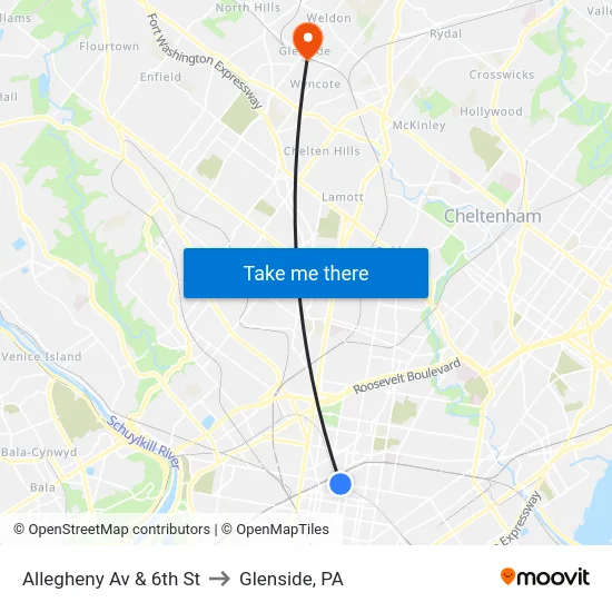Allegheny Av & 6th St to Glenside, PA map