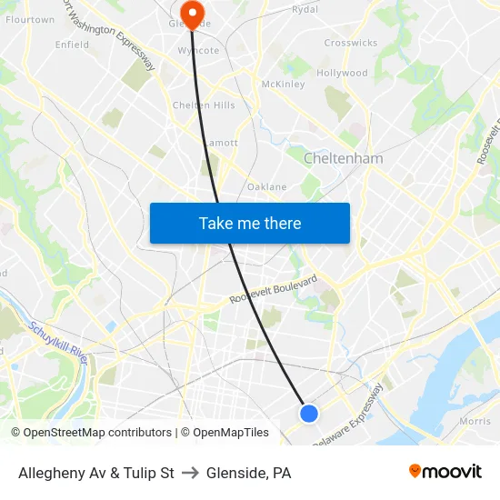 Allegheny Av & Tulip St to Glenside, PA map