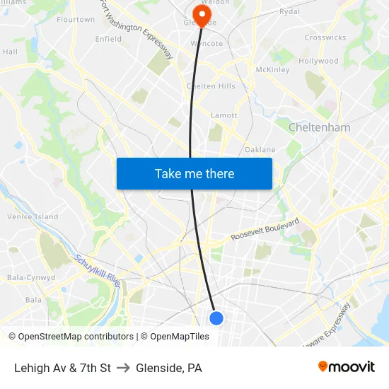 Lehigh Av & 7th St to Glenside, PA map