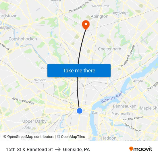 15th St & Ranstead St to Glenside, PA map