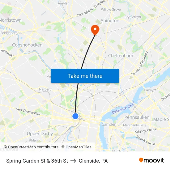 Spring Garden St & 36th St to Glenside, PA map