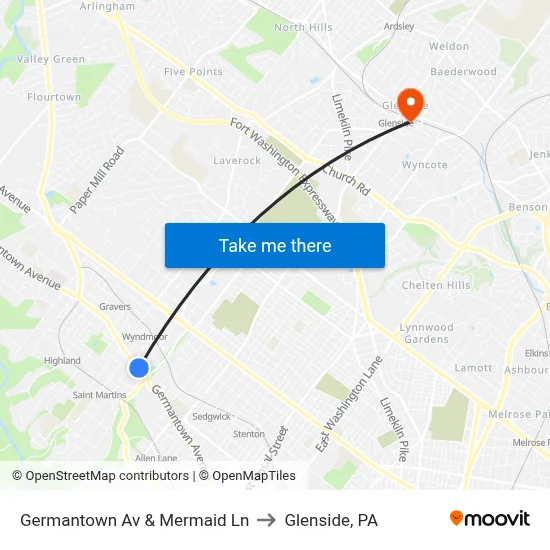 Germantown Av & Mermaid Ln to Glenside, PA map