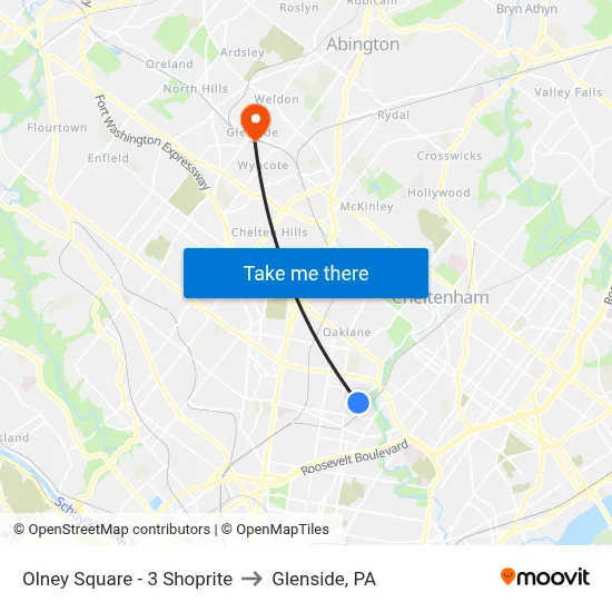 Olney Square - 3 Shoprite to Glenside, PA map
