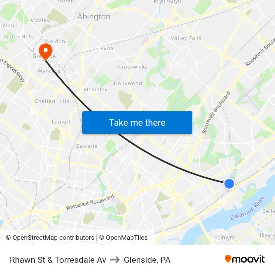 Rhawn St & Torresdale Av to Glenside, PA map