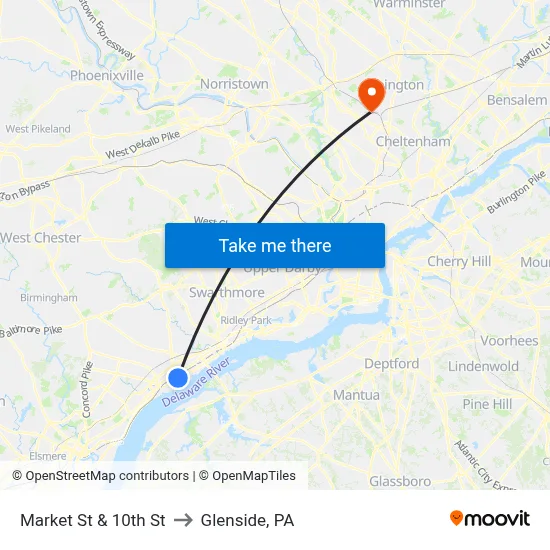 Market St & 10th St to Glenside, PA map