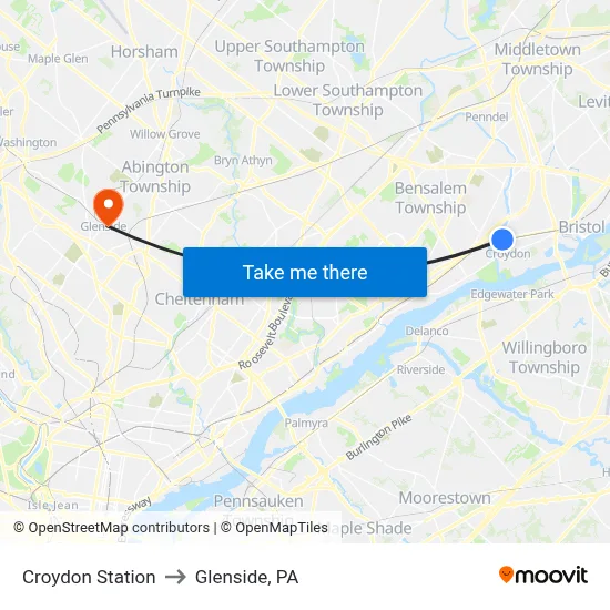 Croydon Station to Glenside, PA map