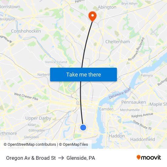 Oregon Av & Broad St to Glenside, PA map
