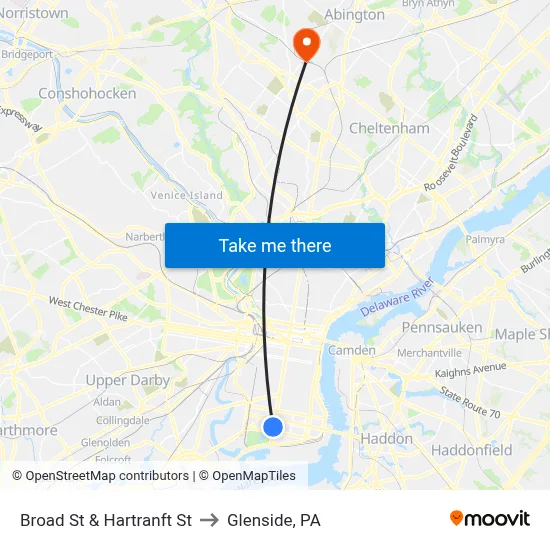 Broad St & Hartranft St to Glenside, PA map