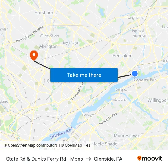 State Rd & Dunks Ferry Rd - Mbns to Glenside, PA map