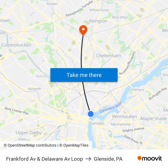 Frankford Av & Delaware Av Loop to Glenside, PA map