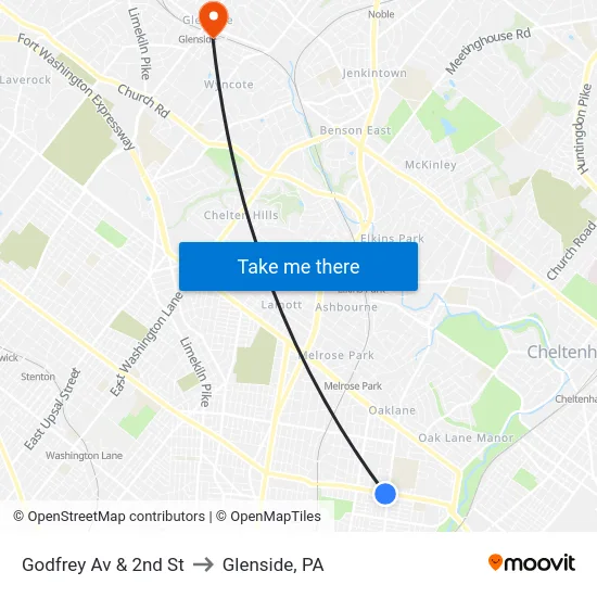 Godfrey Av & 2nd St to Glenside, PA map
