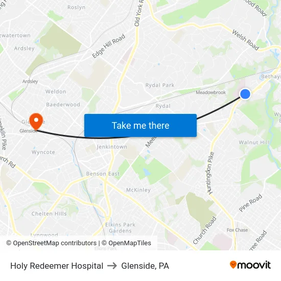 Holy Redeemer Hospital to Glenside, PA map