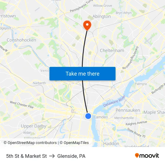 5th St & Market St to Glenside, PA map