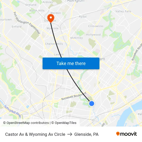 Castor Av & Wyoming Av Circle to Glenside, PA map