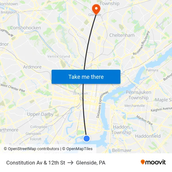 Constitution Av & 12th St to Glenside, PA map