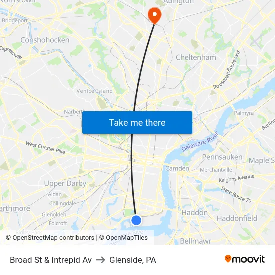 Broad St & Intrepid Av to Glenside, PA map