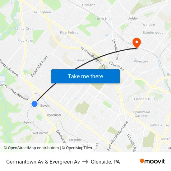 Germantown Av & Evergreen Av to Glenside, PA map