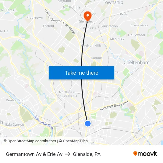 Germantown Av & Erie Av to Glenside, PA map