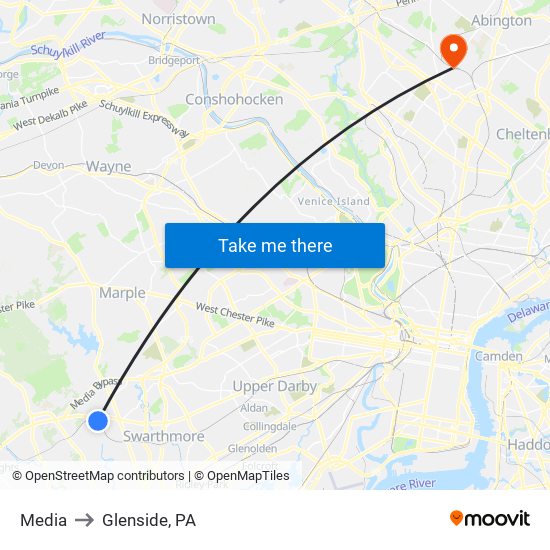 Media to Glenside, PA map