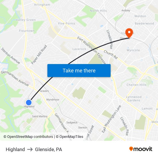 Highland to Glenside, PA map