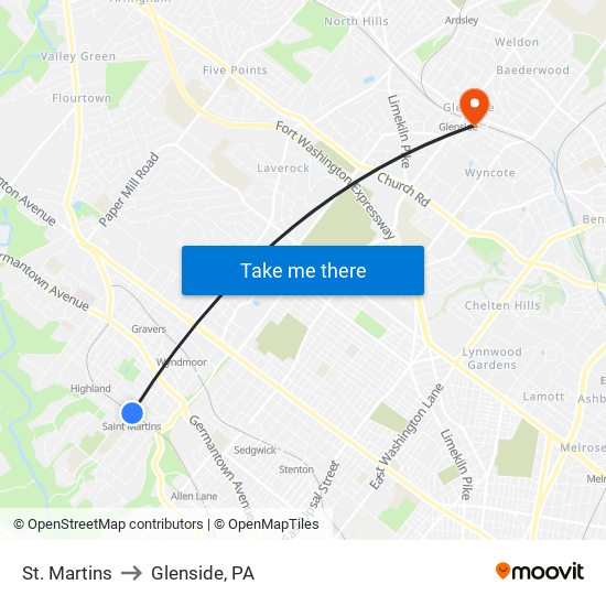 St. Martins to Glenside, PA map