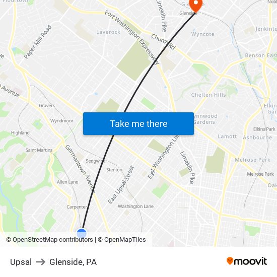 Upsal to Glenside, PA map