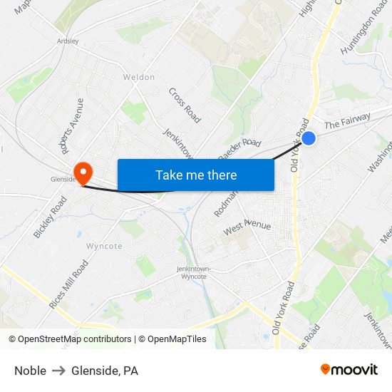 Noble to Glenside, PA map