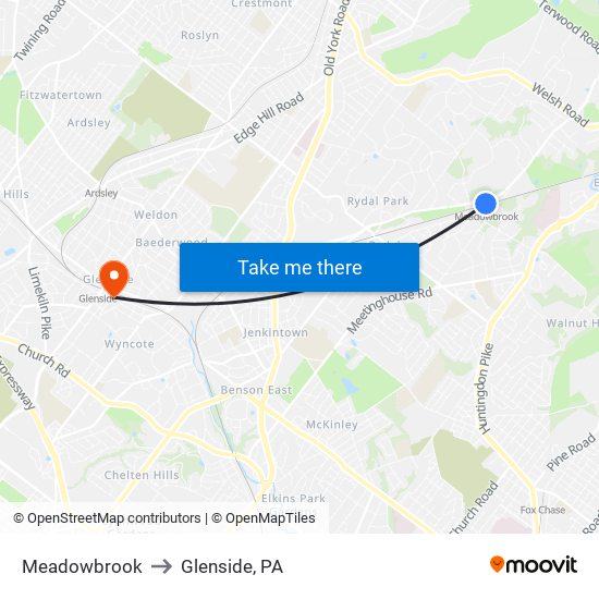 Meadowbrook to Glenside, PA map