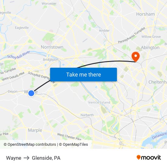 Wayne to Glenside, PA map