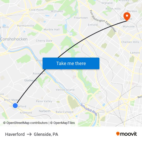 Haverford to Glenside, PA map