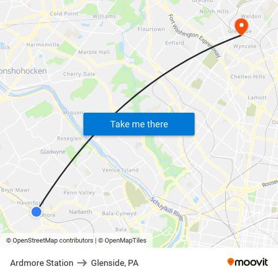 Ardmore Station to Glenside, PA map
