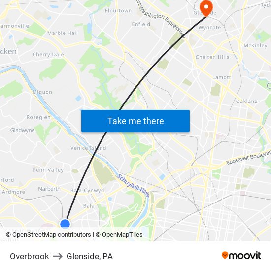 Overbrook to Glenside, PA map