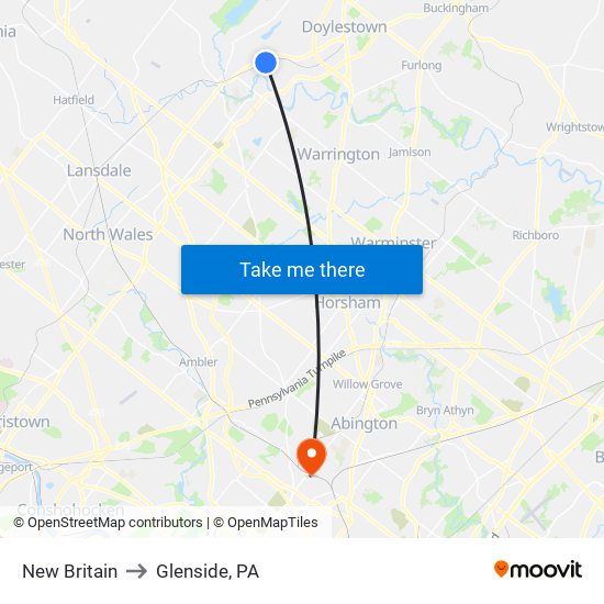 New Britain to Glenside, PA map