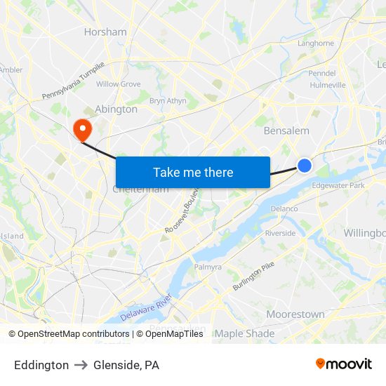 Eddington to Glenside, PA map