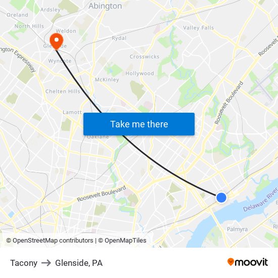 Tacony to Glenside, PA map