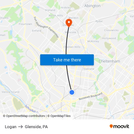 Logan to Glenside, PA map