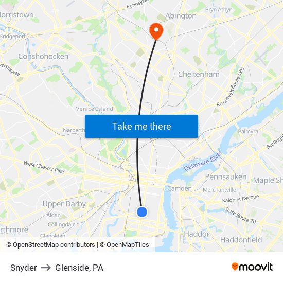 Snyder to Glenside, PA map