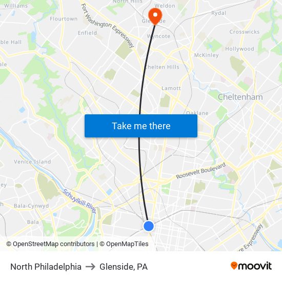 North Philadelphia to Glenside, PA map