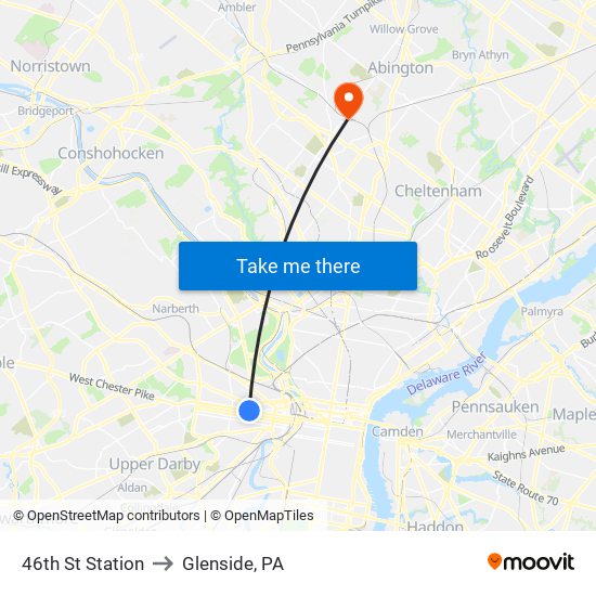 46th St Station to Glenside, PA map
