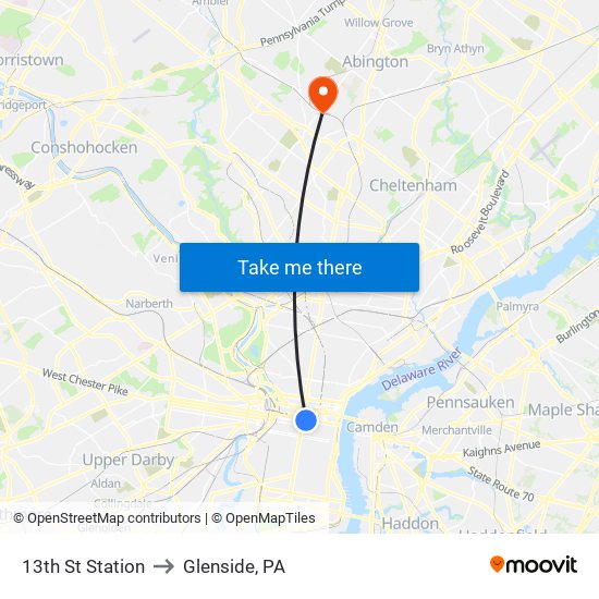 13th St Station to Glenside, PA map